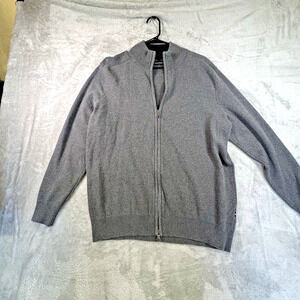 Nautica Mens L Full Zip Mock Neck Cardigan Sweater Gray Horizontal Rib Pockets